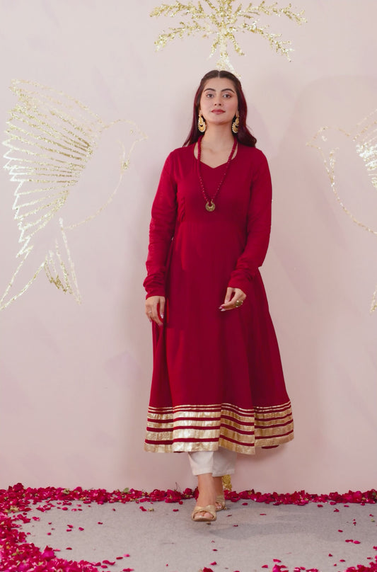 Cotton Voile Solid Anarkali Maroon Kurta (With Necklace)