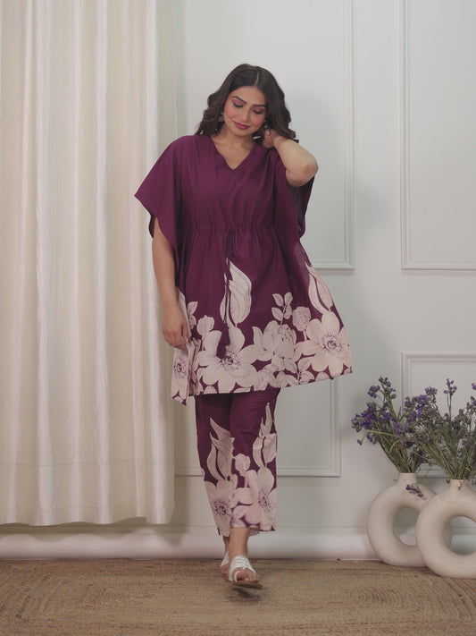 Soft Cotton Placement Print Purple Kaftan