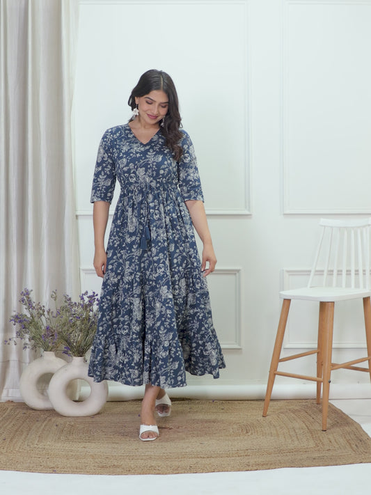 Soft Cotton Floral Anarkali Blue Dress