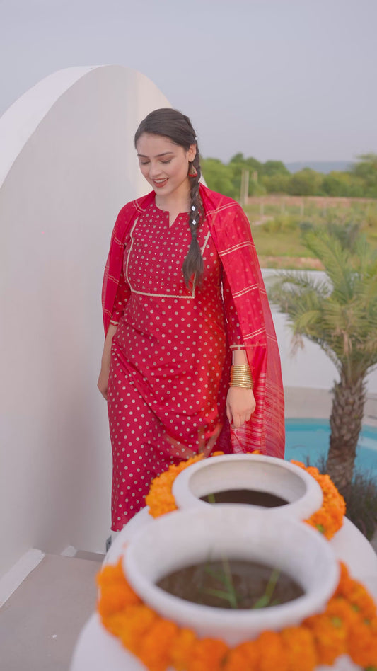 Chanderi Gold foil Straight Red Kurta