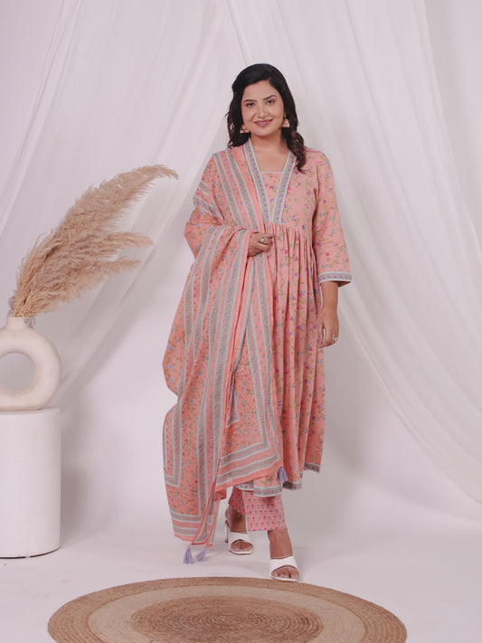 Embroidered Soft Cotton Floral Anarkali Peach Kurta