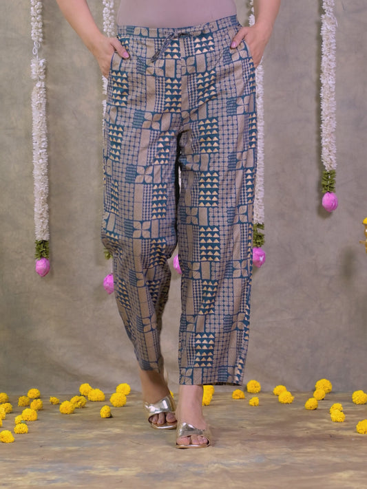 Viscose Gold foil Blue Straight Straight Trousers