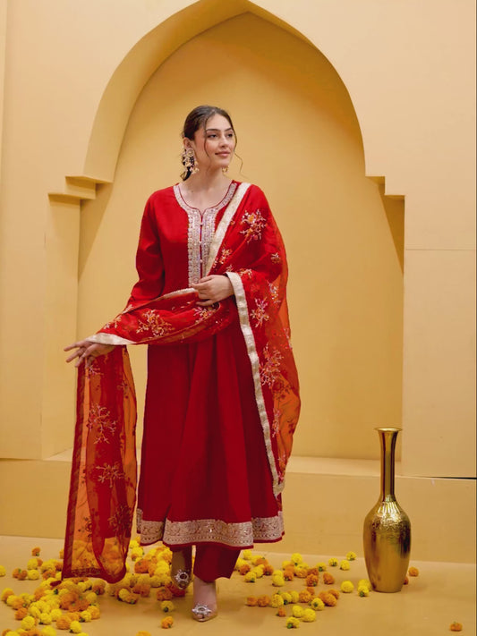 Embroidered Chanderi Solid Anarkali Red Kurta