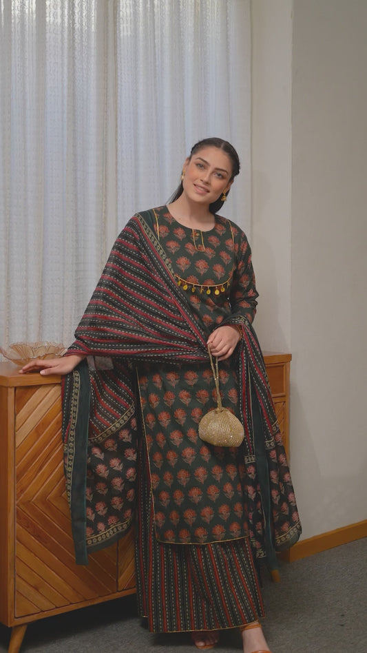 Embroidered Soft Cotton Ajrakh Straight Green Kurta