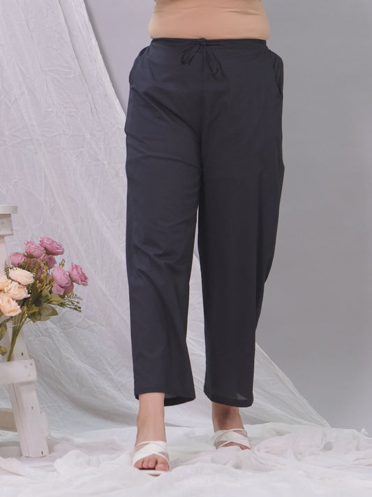 Soft Cotton Solid Black Straight Trousers