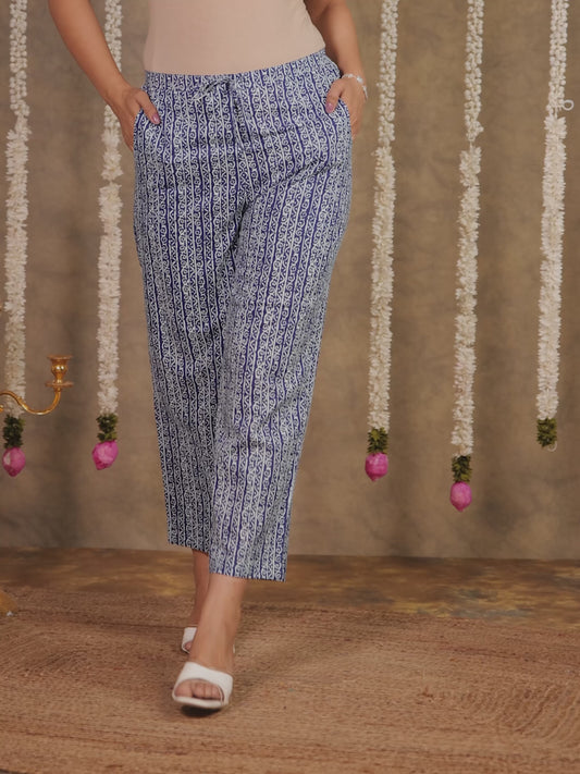 Soft Cotton Tribal Blue Straight Trousers
