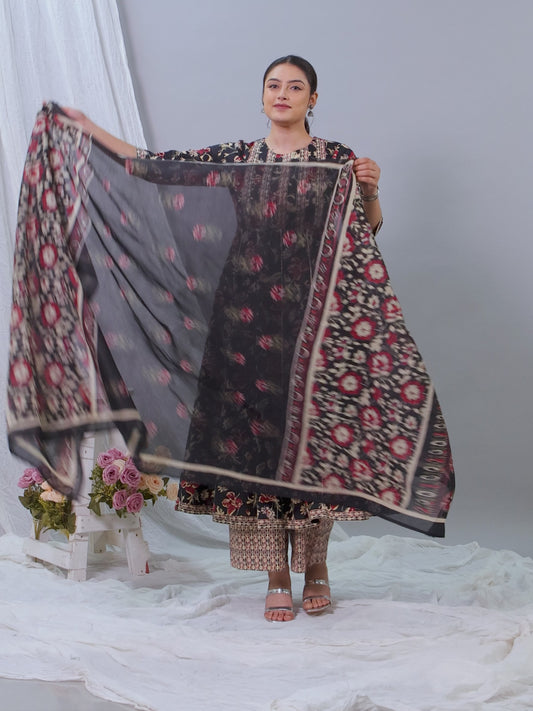 Soft Cotton Floral Flared Black Kurta