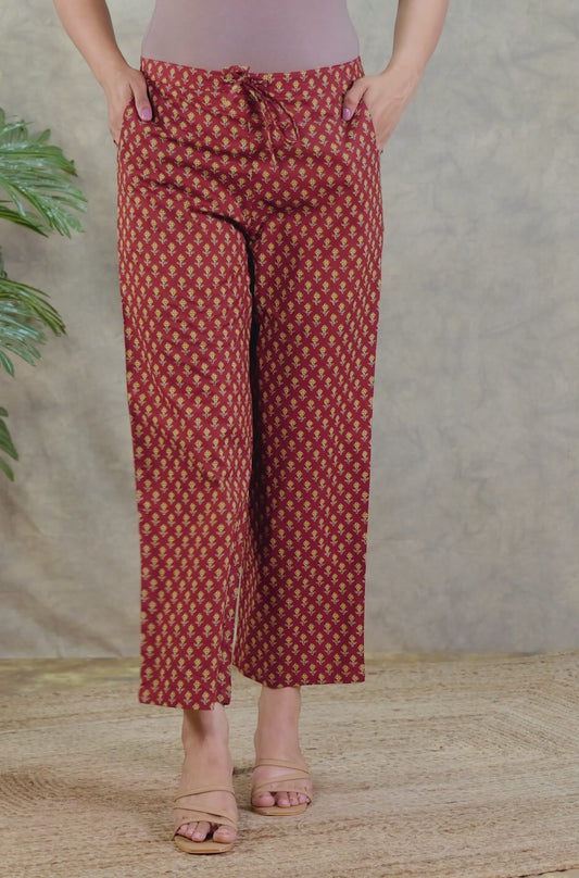 Soft Cotton Geometric Red Straight Trousers