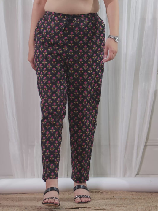 Soft Cotton Floral Black Tapered Tapered Trousers