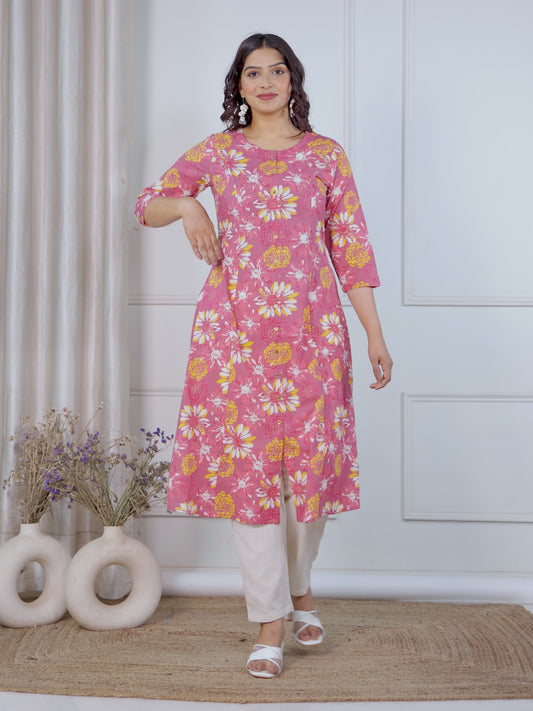 Soft Cotton Floral Flared Pink Kurta