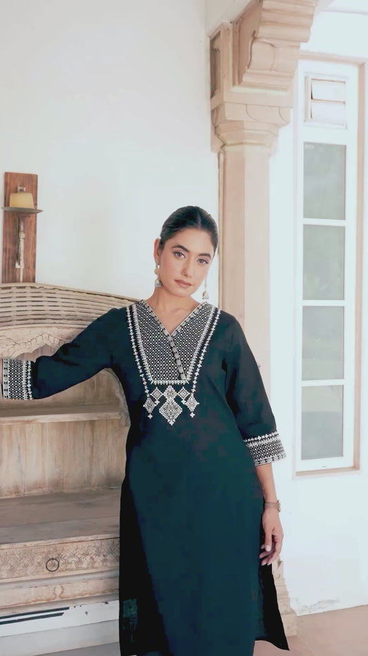 Embroidered Slub cotton Solid Straight Black Kurta