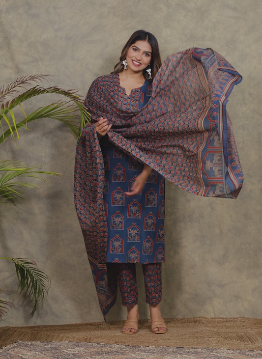 Embroidered Soft Cotton Abstract Blue Kurta