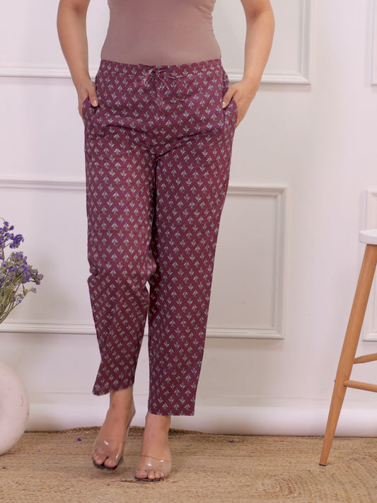 Soft Cotton Floral Maroon Tapered Trousers