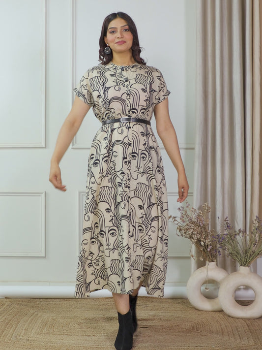 Soft Cotton Abstract A-line Beige Dress