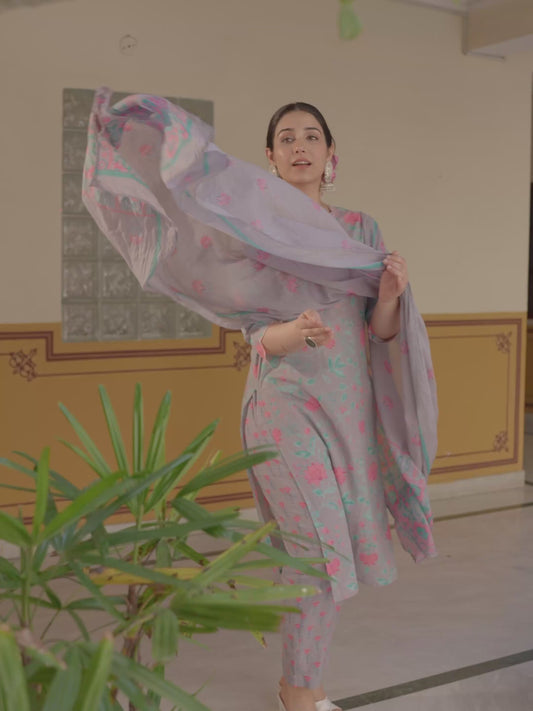 Embroidered Soft Cotton Floral Straight Grey Kurta