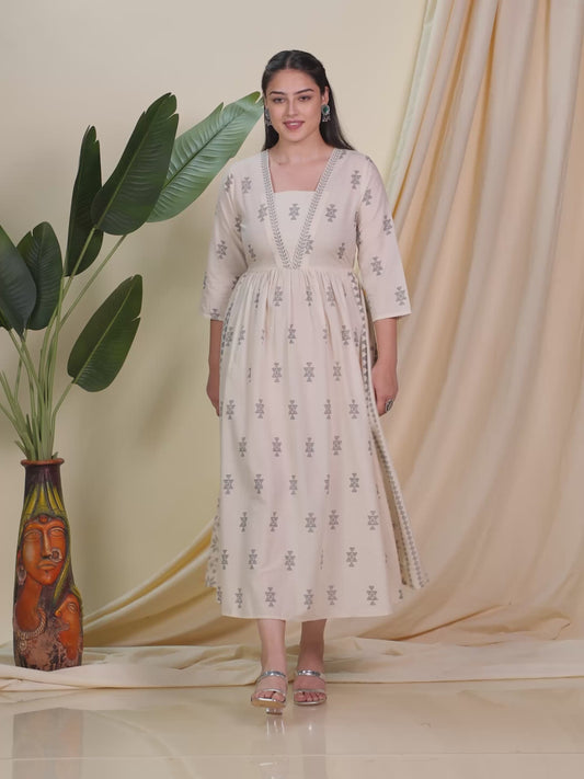 Soft Cotton Geometric Anarkali Cream Dress