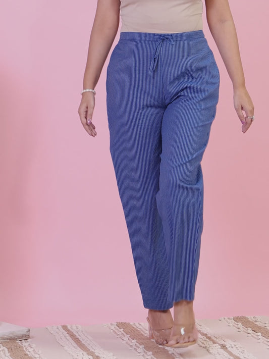 Kantha Cotton Solid Blue Tapered Trousers