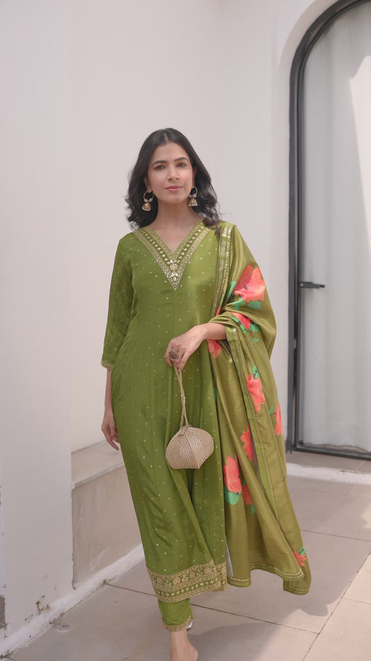 Embroidered Roman Silk Solid Anarkali Lime Green Kurta
