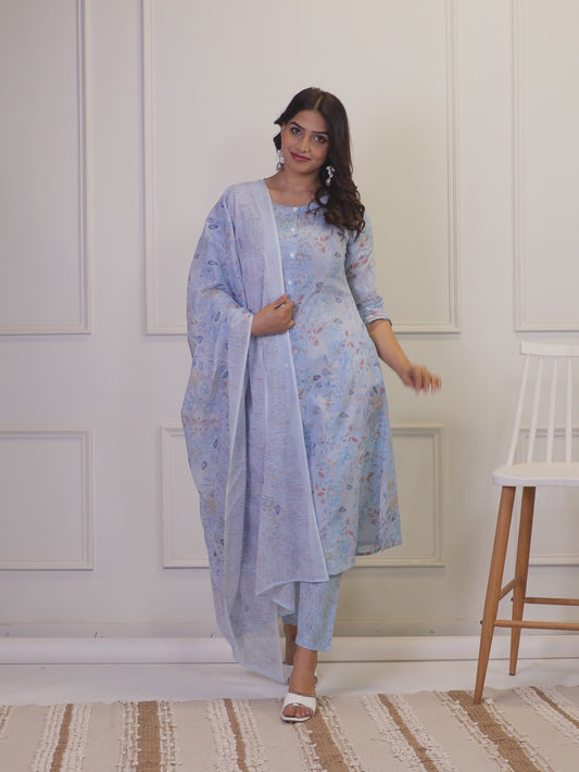 Soft Cotton Floral A-line Blue Kurta
