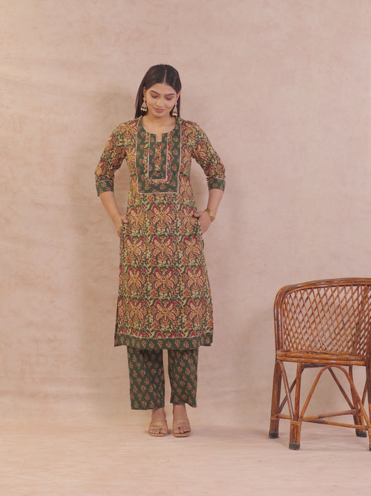 Soft Cotton Floral Straight Green Kurta