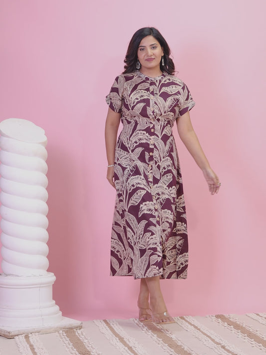 Soft Cotton Foliage A-line Purple Dress