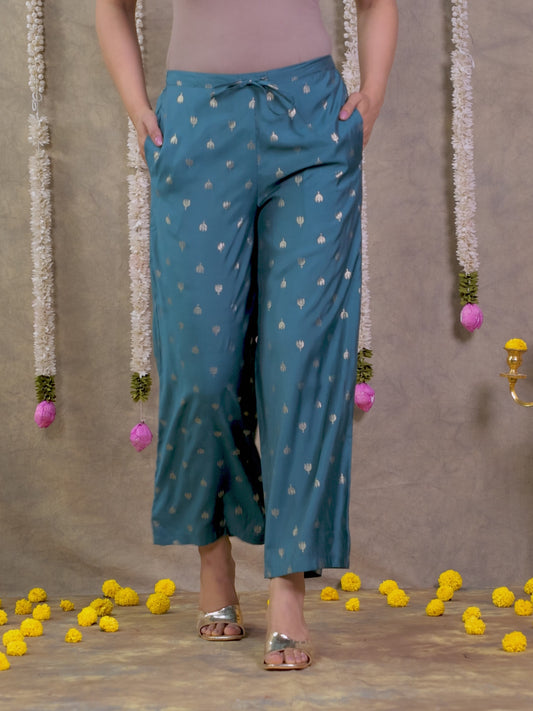 Chanderi Gold foil Teal Palazzo