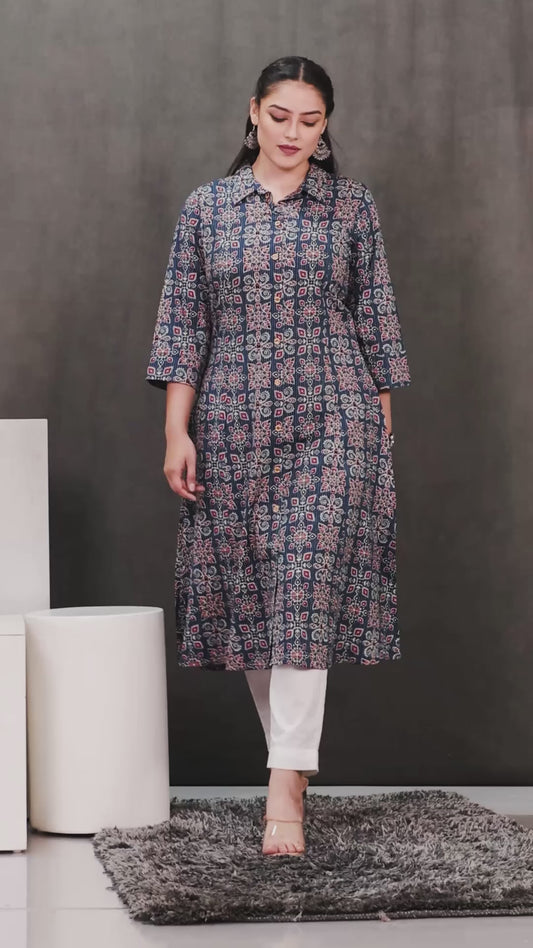 Kantha Cotton Geometric High Low Blue Kurta