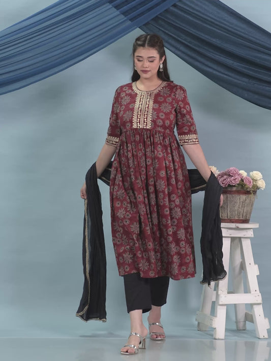 Embroidered Soft Cotton Floral Anarkali Rust Kurta