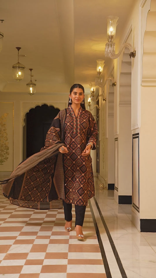 Embroidered Soft Cotton Geometric A-line Black Kurta