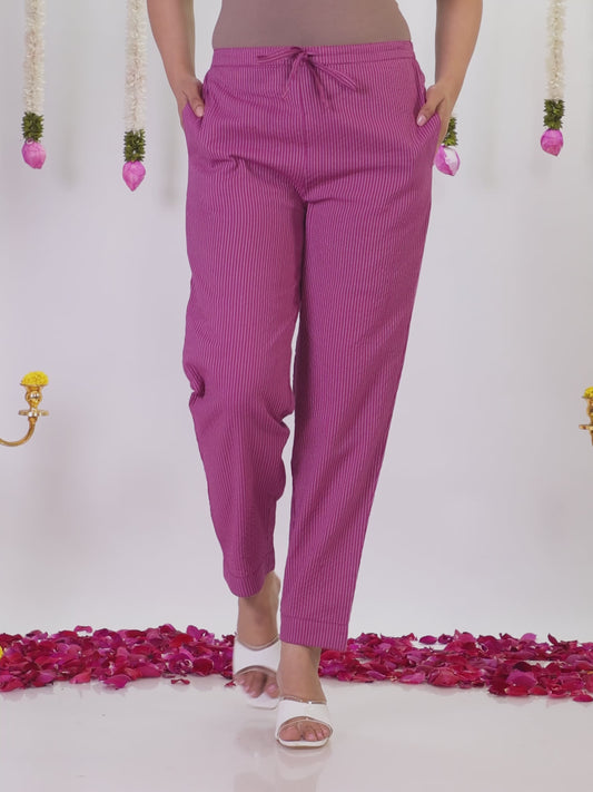 Kantha Cotton Solid Purple Tapered Trousers