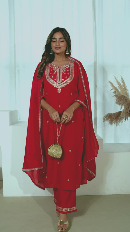 Embroidered Blended Silk Solid Red Straight Kurta