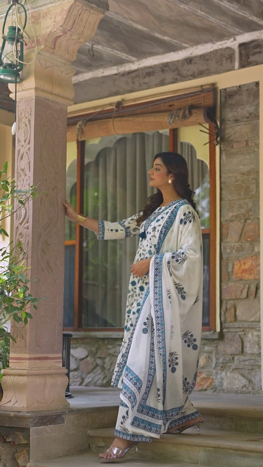 Soft cotton Floral A-line Off White Kurta