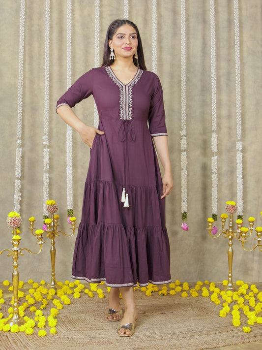 Embroidered Soft Cotton Solid A-line Brown Dress