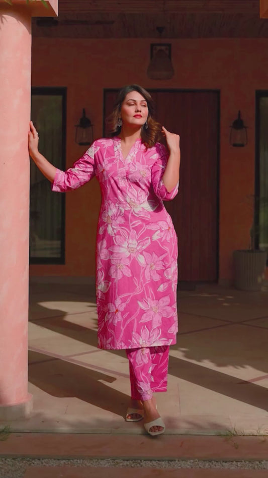 Soft cotton Floral Straight Pink Kurta