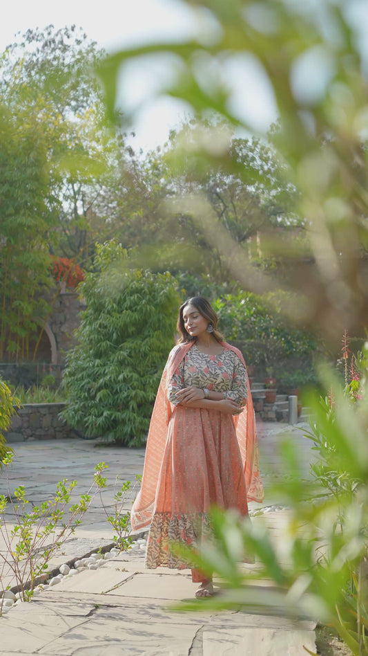 Soft Cotton Floral Anarkali Peach Kurta