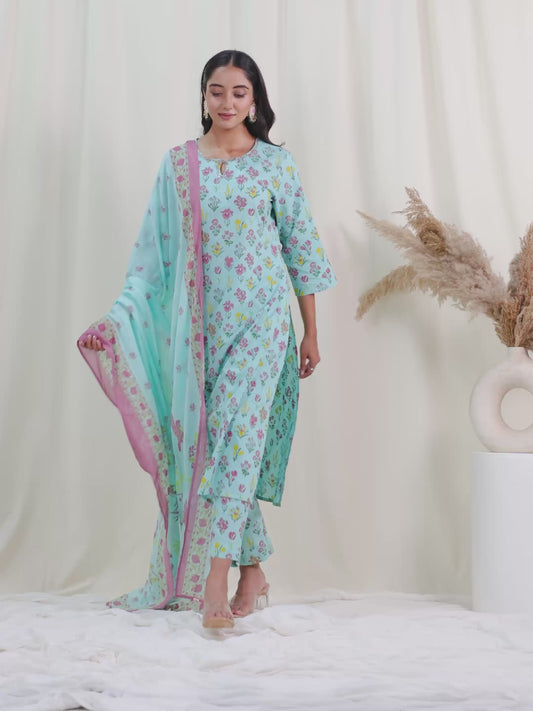 Embroidered Soft Cotton Floral Straight Mint Green Kurta