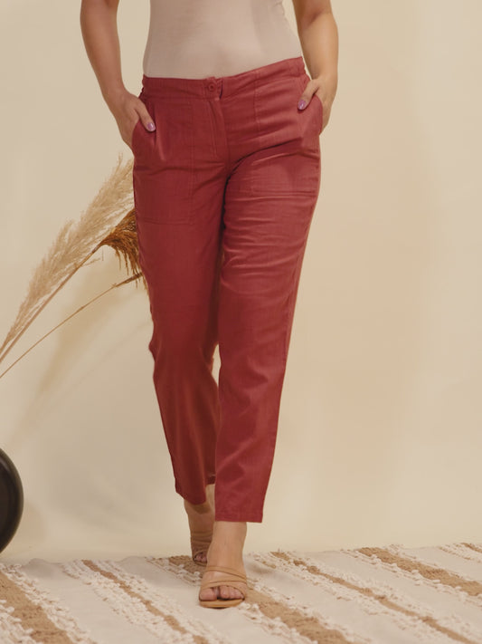 Natural Cotton Solid Maroon Tapered Trousers
