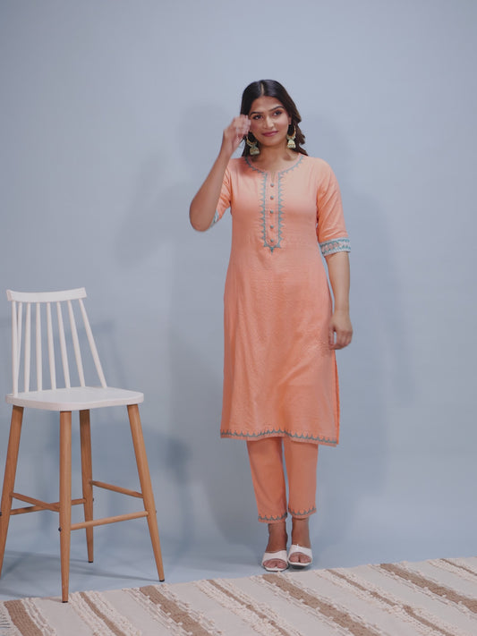 Kantha Cotton Solid A-line Orange Kurta
