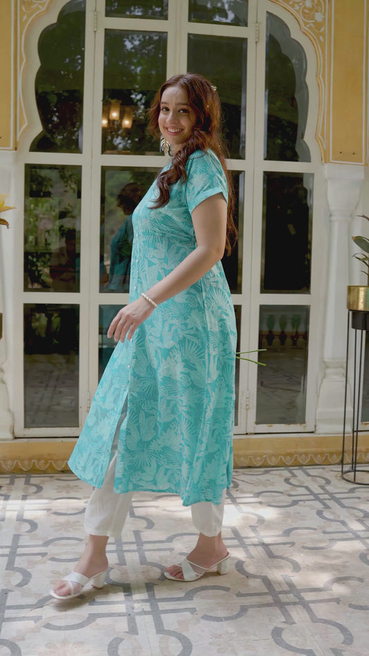 Soft Cotton Floral A-line Blue Dress