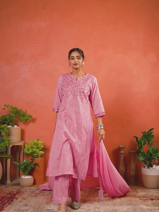 Embroidered Lurex Dobby Cotton Solid Straight Pink Kurta