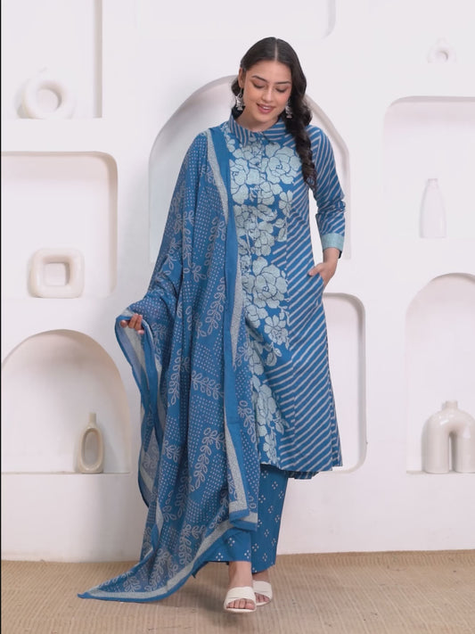 Soft Cotton Bandhani High Low Blue Kurta