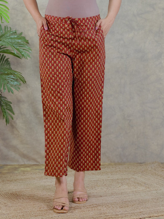 Soft Cotton Geometric Red Straight Trousers