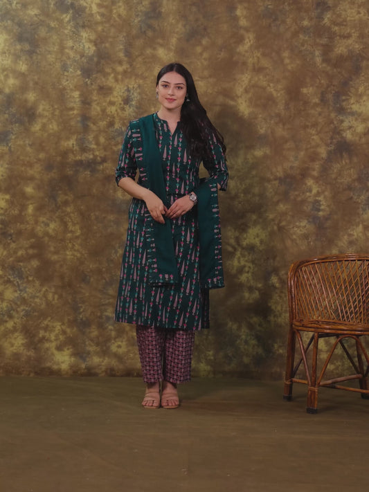 Soft Cotton Geometric Straight Blue Kurta