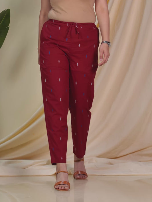 Soft Cotton Ikat Maroon Tapered Trousers