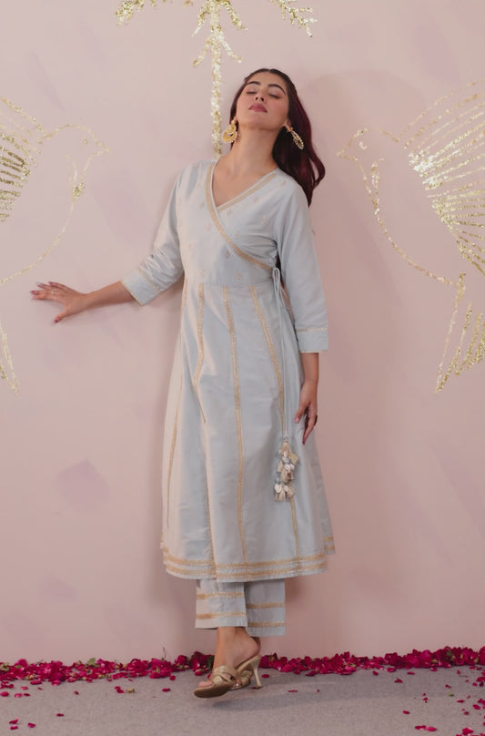 Embroidered Blended Silk Solid Flared Sky Blue Kurta