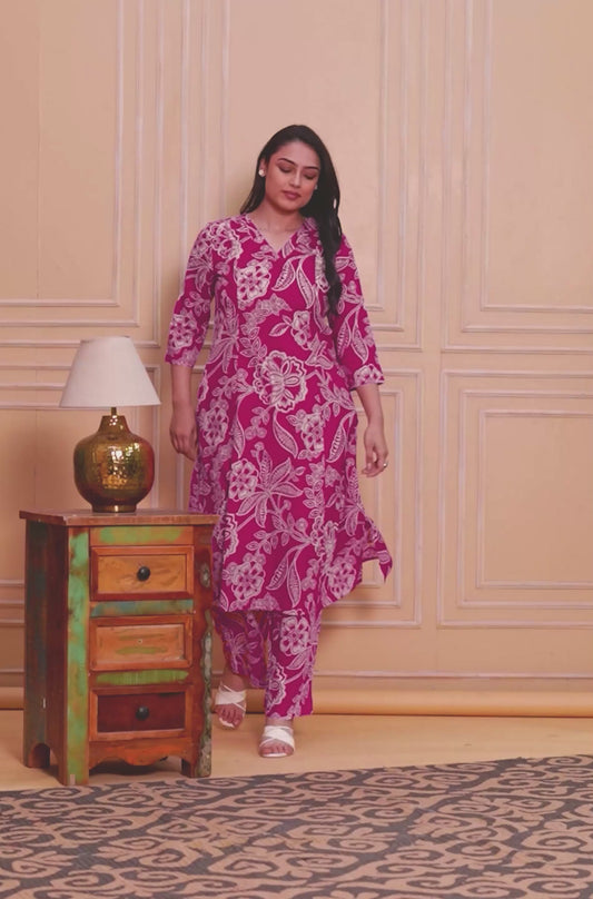 Soft Cotton Floral A-line Pink Kurta