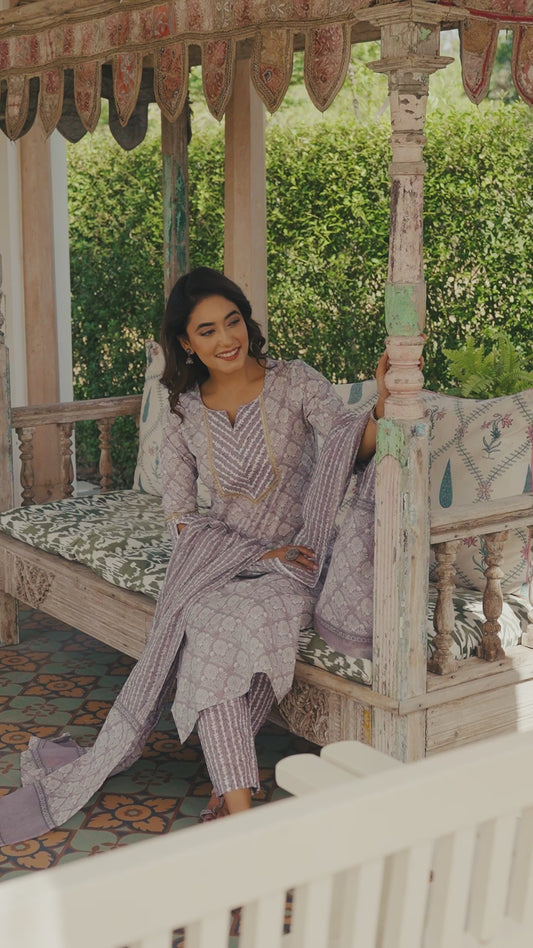 Embroidered Soft Cotton Hand Block Straight Grey Kurta