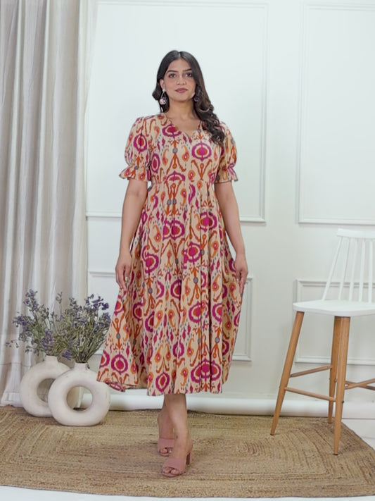 Linen Cotton Ikat Flared Beige Dress