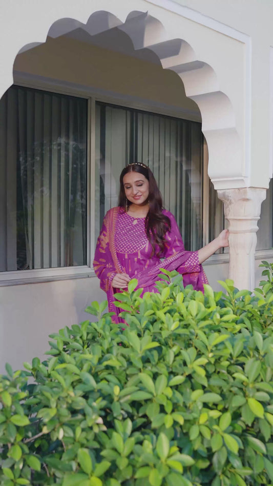Viscose Gold foil Anarkali Pink Kurta