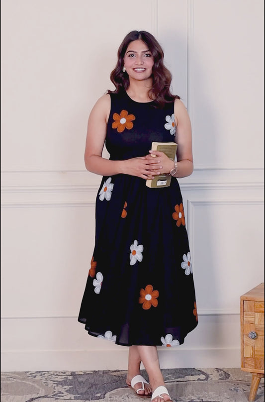 Soft cotton Floral Anarkali Black Dress